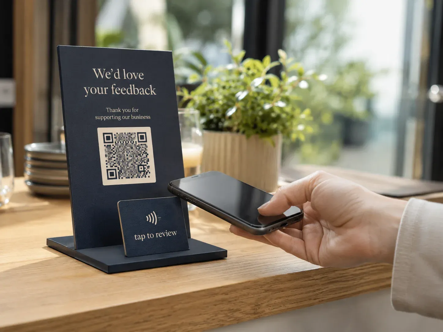 Stand da bancone con QR e NFC per le recensioni